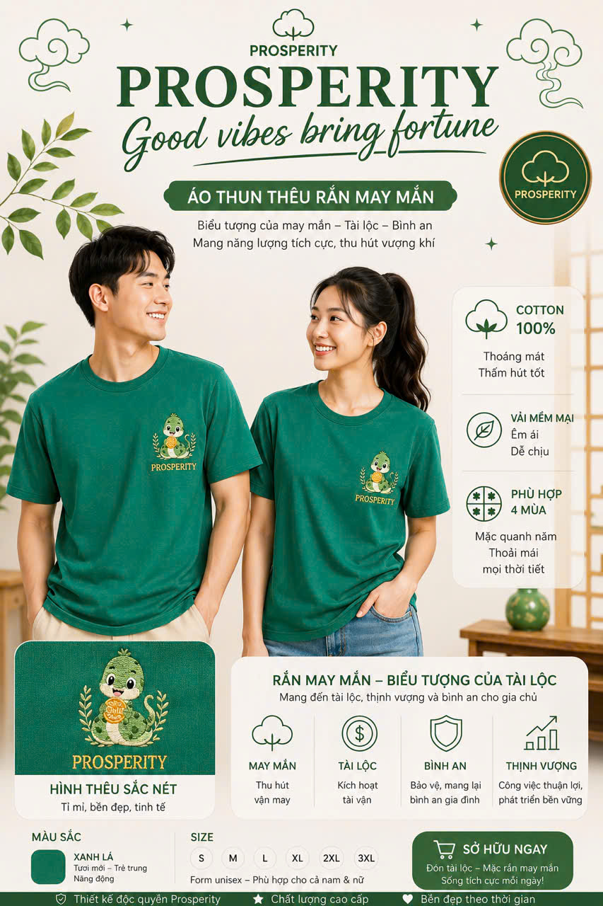 Áo Thun Thêu Tỵ May Mắn + Prosperity