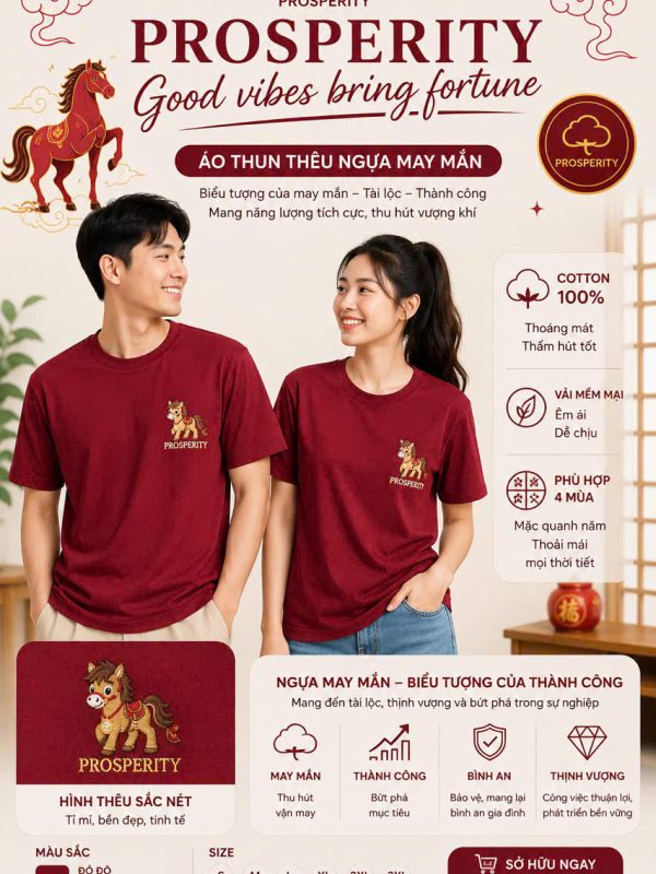 Aó thun thêu Ngọ may mắn + Prosperity