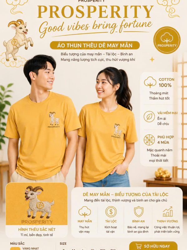 Aó thun thêu Dê mai mắn + Prosperity