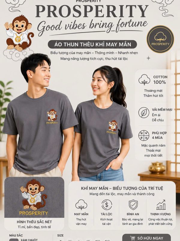 Áo Thun Thêu Khỉ Mai Mắn + Prosperity