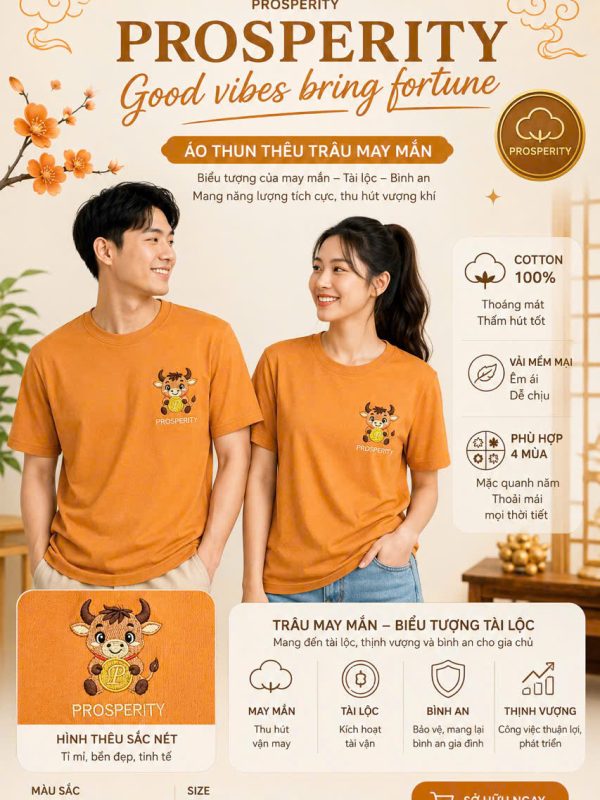Áo Thun Thêu Trâu Mai Mắn + Prosperity