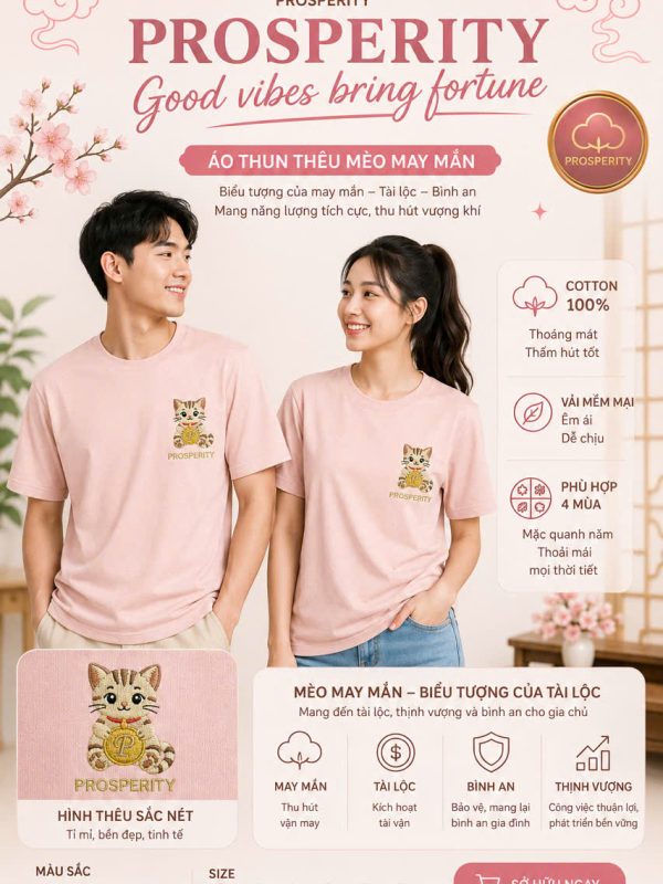 Áo Thun Thêu Mèo Mai Mắn + Prosperity