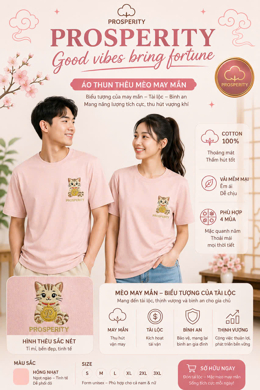 Áo Thun Thêu Mèo Mai Mắn + Prosperity